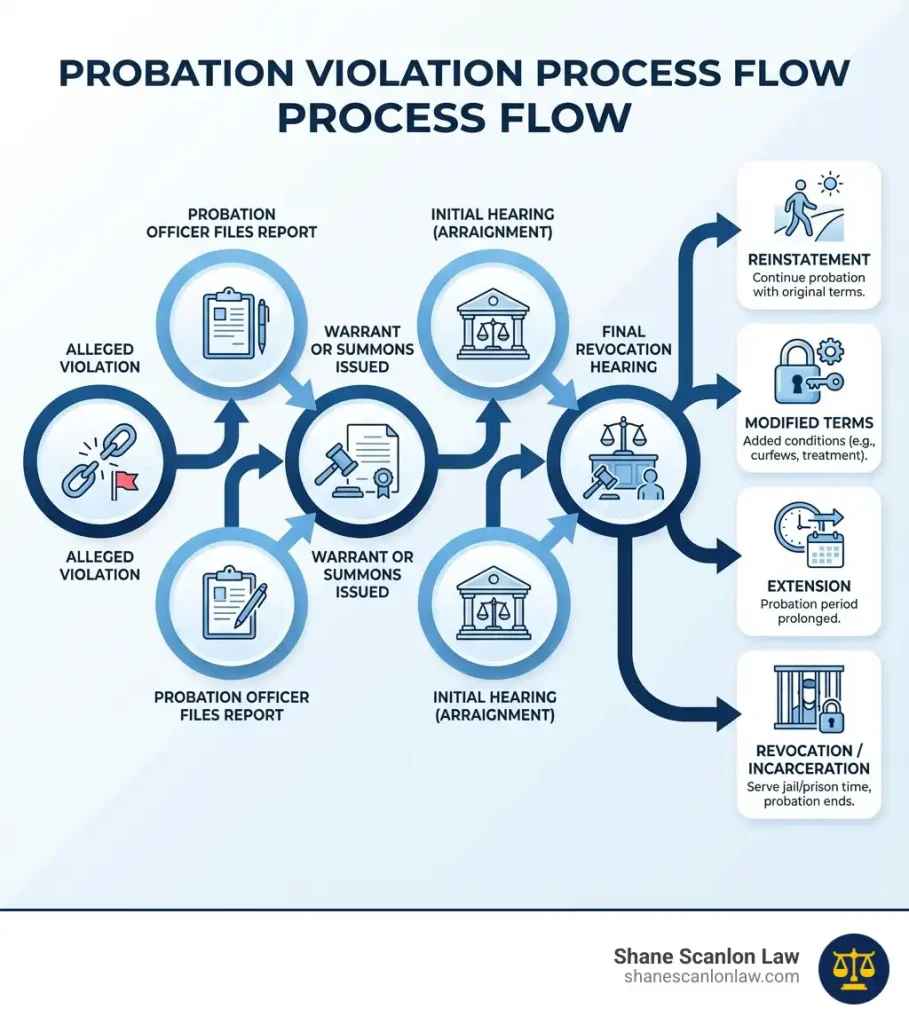 Infographic showing the probation violation process: Alleged Violation → Probation Officer Files Report → Warrant or Summons Issued → Initial Hearing (Arraignment) → Final Revocation Hearing → Possible Outcomes (Reinstatement, Modified Terms, Extension, or Revocation/Incarceration) - probation violation attorney infographic
